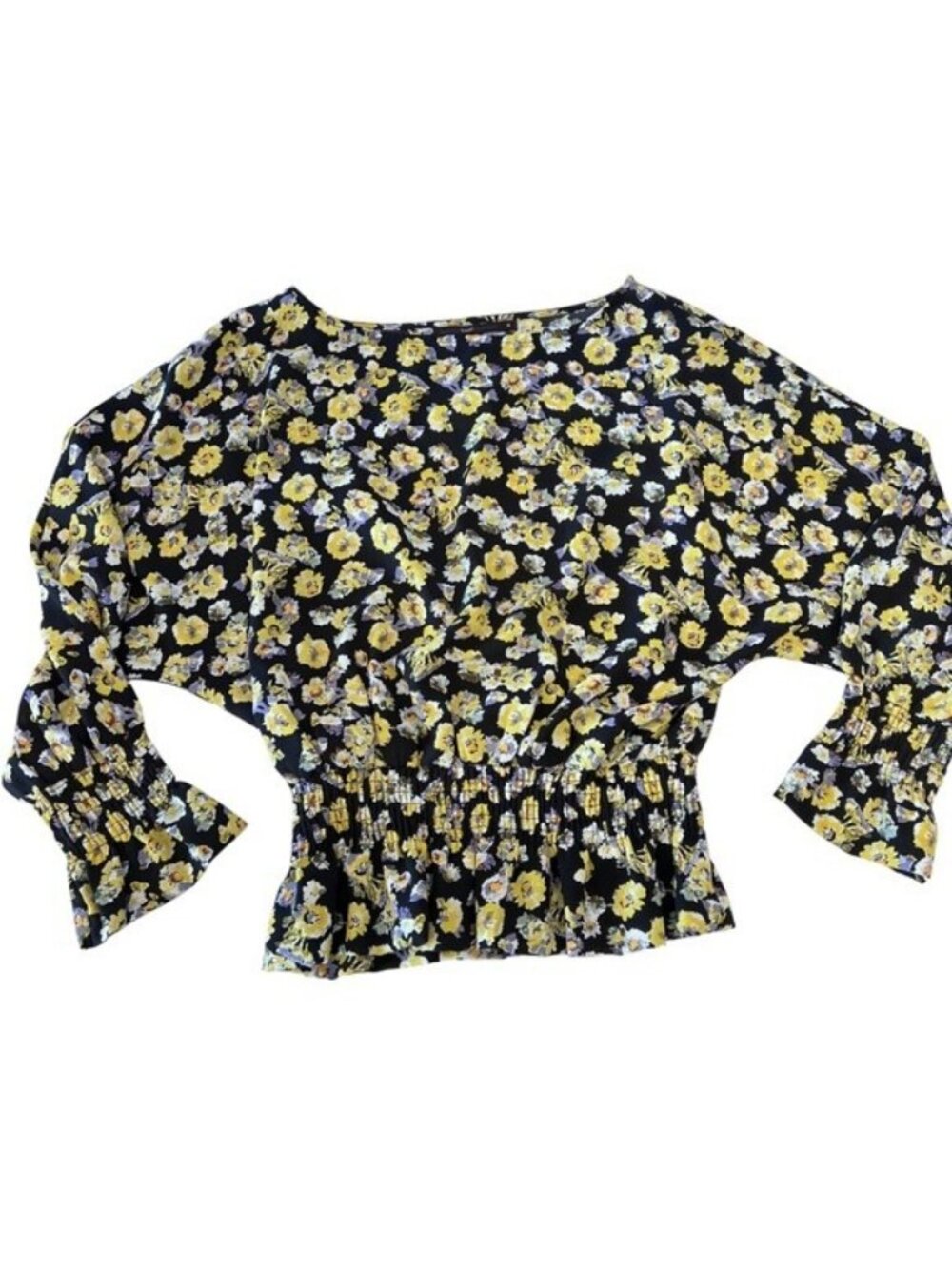 Ladies floral blouse, med, yellow flowers, dark navy blue